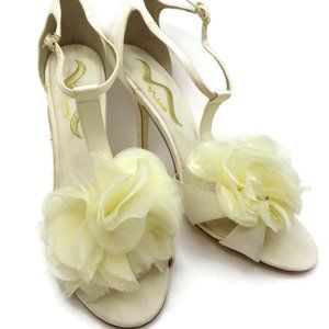 NINA 5" Heels/ Champagne Satin/ Open Toe/ Silk Flower/ 10M